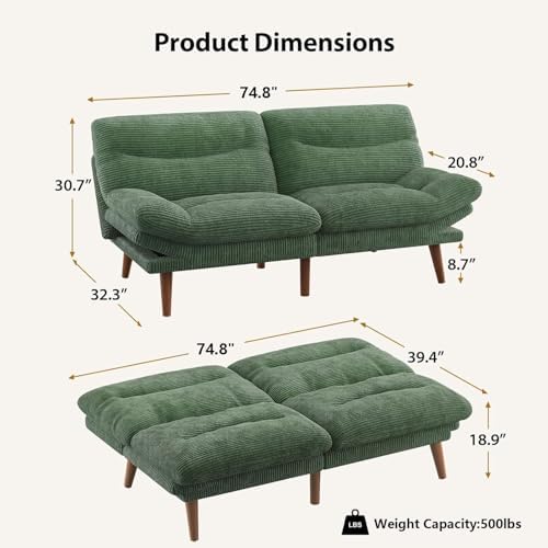 PERLECARE Convertible Futon Sofa Bed, 73" Corduroy Futon Couch with Adjustable Backrest and Armrests, 3-in-1Recliner Sleeper Sofa for Small Spaces, Play Room,Living Room or Office(73in,Green)