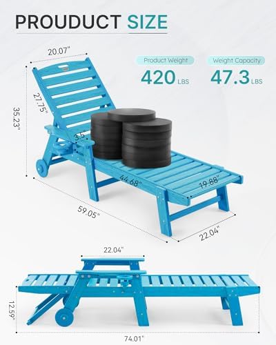 Patio Chaise Lounge Chair Outdoor with Wheels, Oversize Patio Lounge Chairs with Wood Texture, HDPE 6-Position Plastic Lounge Chairs for Poolside, Patio, Deck, Beach,Blue
