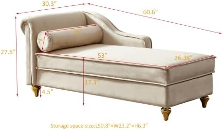 60.6''Velvet Chaise Lounge Indoor, Modern Velvet Lounge Chair with Left Armrest & Lumbar Pillow,Button Tufted Lounge Sofa with Storage for Bedroom, Living Room and Office,Beige
