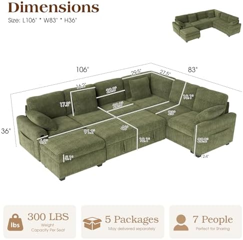 Ihanherry 7-Seater Large Sectional Sofa Bed with Storage Ottoman & Lovescat, Corduroy Modular Sleeper Sofa Set with USB Port & 4 Pillows, 106" U-Shaped Convertible Couch for Living Room(Green)