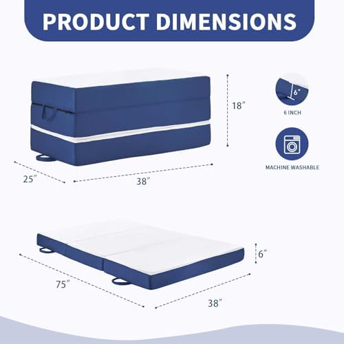 CYMULA Folding Mattress Twin, 6 Inch Memory Foam Tri-Fold Floor Bed and Futon,Twin Topper with Breathable & Washable Cover,Foldable Mattress for Guest Bed, Office Nap,Camping,White,38"x75" 6"