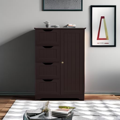 Yaheetech Wooden Bathroom Floor Cabinet, Side Storage Organizer Cabinet with 4 Drawers and 1 Cupboard, Freestanding Entryway Storage Unit Console Table, Home Decor Furniture, Brown