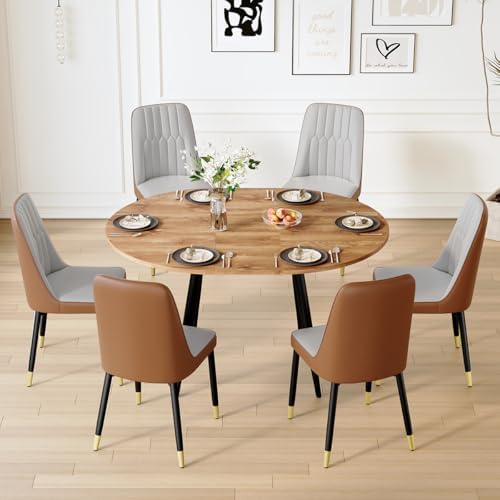 Wood Dining Table Set for 6| 42" Round to 54" Oval Dining Table Set for 6|Wood Extendable Dining Room Table with Thick Cushion PU Chairs|Stable and Sturdy|Space Saving|Easy Assembly