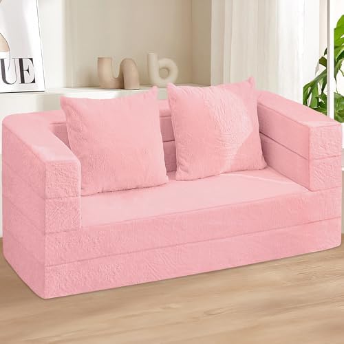 Futon Sofa Bed with Pillow, 3-in-1 Sleeper Sofa Bed with Removable Cover | Convertible Floor Sofa Bed with Memory Foam Filled, No Assembly Couch for Living Room, Bedroom(Pink King)