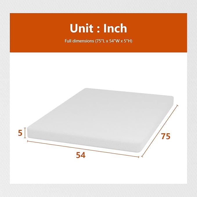 PayLessHere 5 Inch Gel Memory Foam Mattress Medium Firm Mattresses CertiPUR-US Certified Bed-in-a-Box Pressure Relieving Full Size,Fiberglass Free,White
