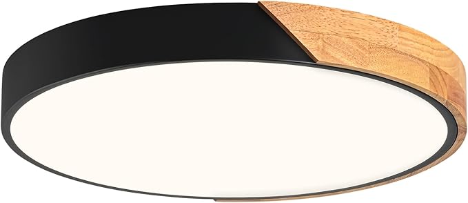 Modern Dimmable Black LED Ceiling Light, 2700 K - 6000 K 5CCT Wood Flush Mount Ceiling Lighting Fixtures, Minimalist Round Ceiling Lamp for Living Room Bedroom Kitchen Hallway(15.8in)