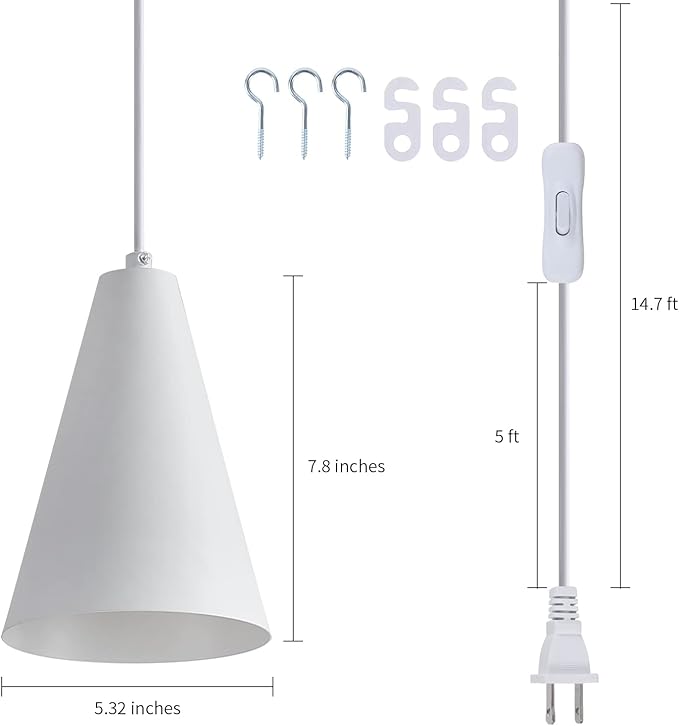 White Plug In Pendant Lights Kitchen Island,Dining Room Light Fixtures Over Table 1 Pack with Cone Metal Shade, Modern Farmhouse Mini Chandeliers with Cord On/Off Switch Hanging Lighting for Sink