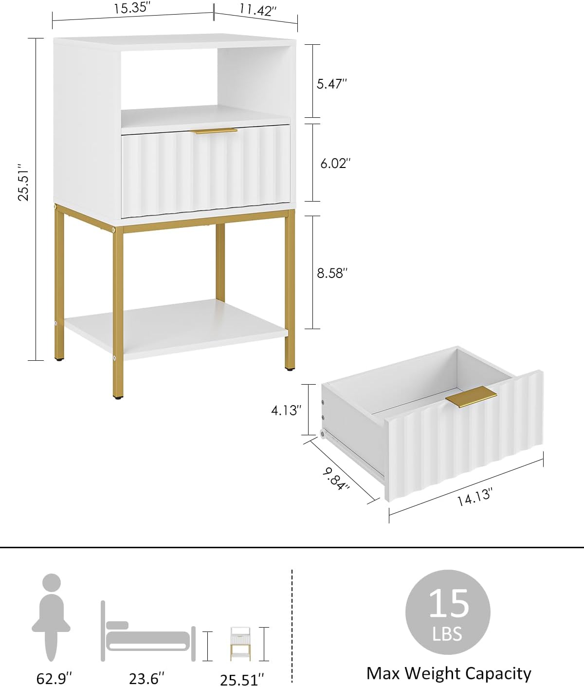 Nightstand,Modern Bedside Table with One Drawer and Two Shelf,White Night Stand,Tall End Table with Gold Frame for Bedroom,Living Room,Wave