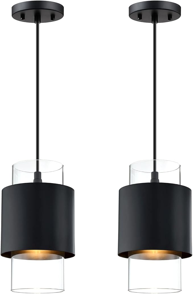 1 Light Hanging Indoor Kitchen Island Pendant Light 6" Drum Glass Shade Pendant Ceiling Light Fixtures Modern Farmhouse Dinning Over Sink (Black Finish, 2 Pack)