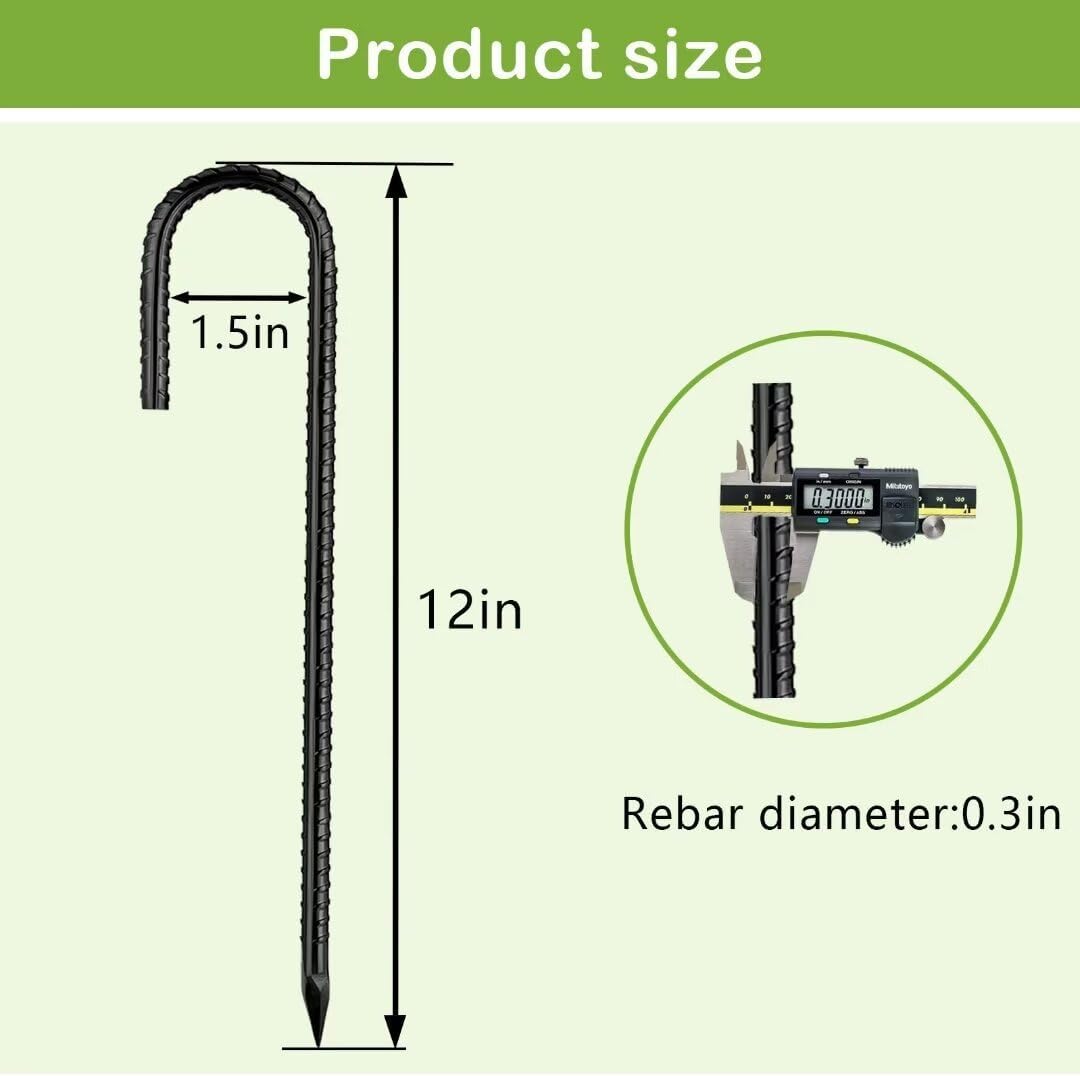 Ground-Stakes-Heavy-Duty-12 inch, J-Hook Rebar Stakes Black Coated Anti-Rust 50pcs Garden Stakes Metal Ground Anchors for Garden Dog Fence Chicken Coop Christmas Decorations Deer Fence