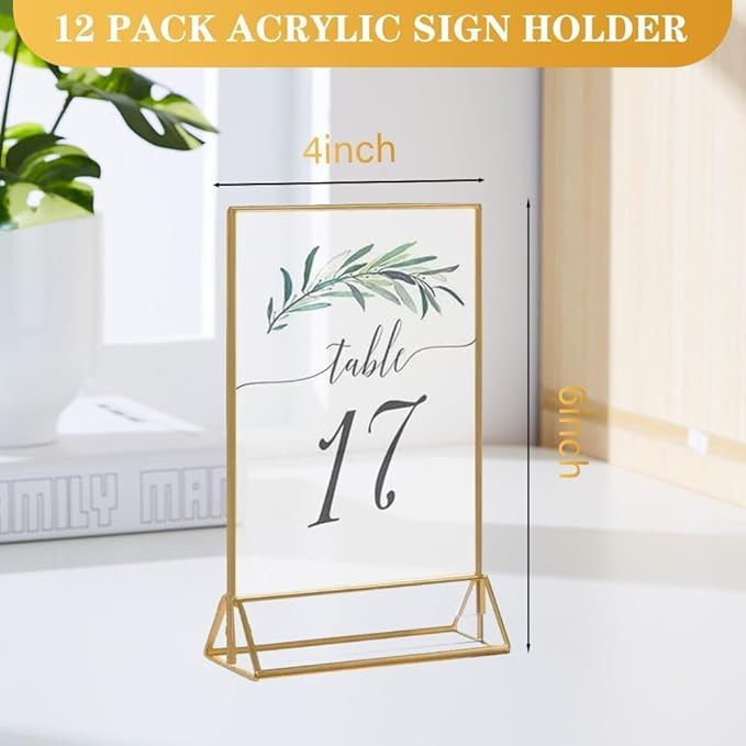 20PCS Acrylic Sign Holder, 4x6 Double Sided Gold Picture Frame Clear Wedding Table Numbers for Party, Restaurant Sign, Menu, Photo