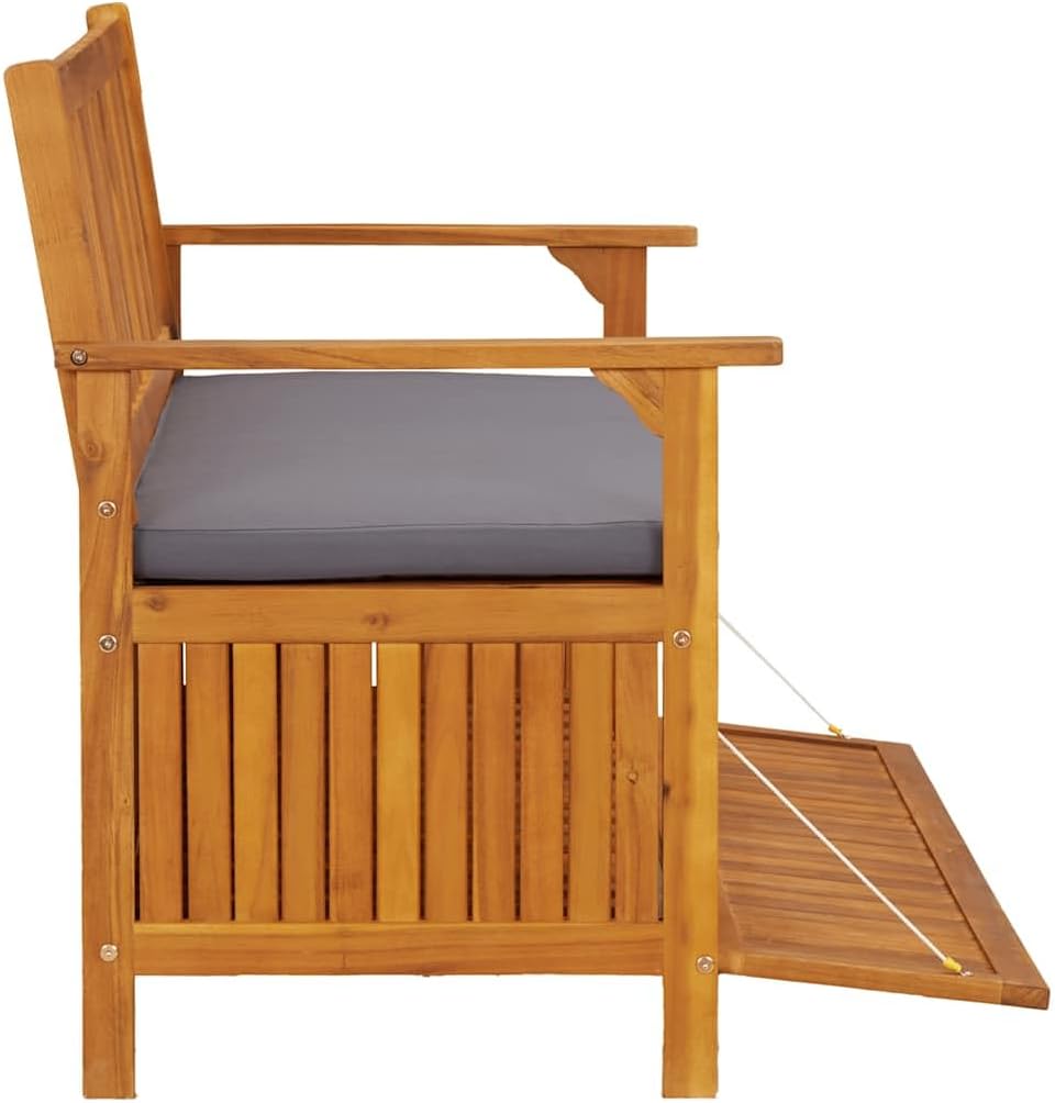 Solid Acacia Wood Patio Storage Bench 47.2 Inch with Cushion, Outdoor Garden Seat with Large Storage Compartment, Rustic Wooden Bench for Home and Garden