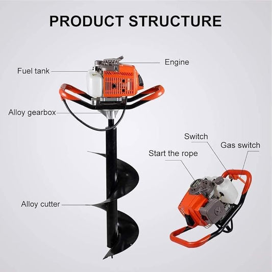 62cc Post Hole Digger 2-Stroke Petrol Gas Powered Earth Digger with 3 Extension Rods(8" 12" & 20") + 4 Auger Drill Bits (4" 6" 8" & 12") for Farm Garden Plant