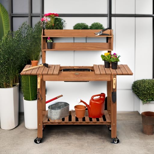 Best Choice Products Mobile Garden Potting Bench, Outdoor Wood Workstation Table w/Sliding Tabletop, 4 Locking Wheels, Food Grade Dry Sink, Storage Shelves - Brown