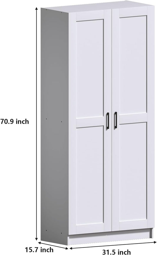 White Tall Kitchen Pantry Cabinet Organizers and Storage with Doors and Adjustable Shelves,Wood Large Gabinetes Para Cocina Office Bookshelf for Laundry Room Cabinets (31.5”W*15.7”D*71”H)