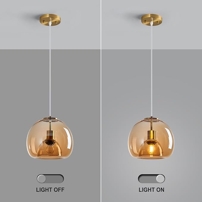 Amber Glass Pendant Lights Kitchen Island Gold Hanging Light Fixture Glass Globe Pendant Light Modern Pendant Lighting for Kitchen Island Bedroom Dining Room (9.84", 1 Pack)