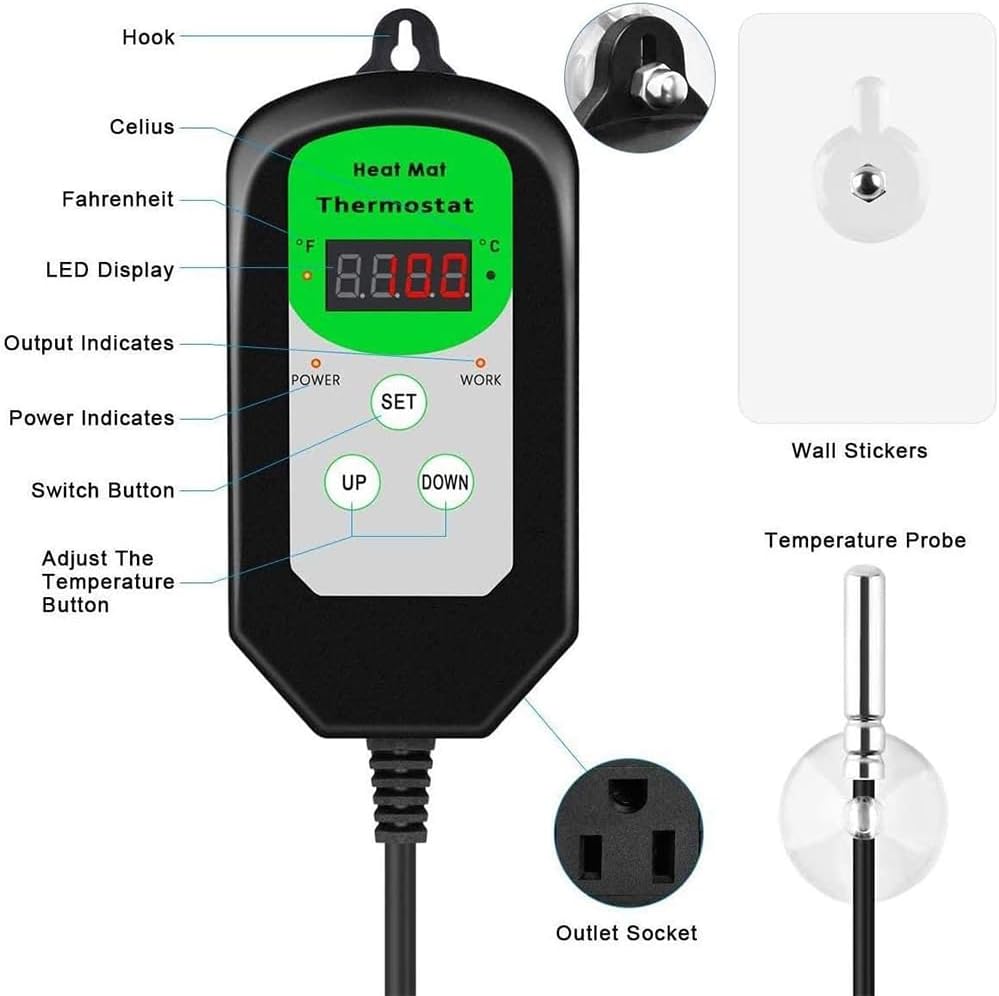 Digital Heat Mat Thermostat Temperature Controller (EMC Certified) for Seed Germination, Reptiles and Brewing Breeding Incubation Greenhouse, 42 °F to 108 °F/ 5 ℃ to 40 ℃, 1000W