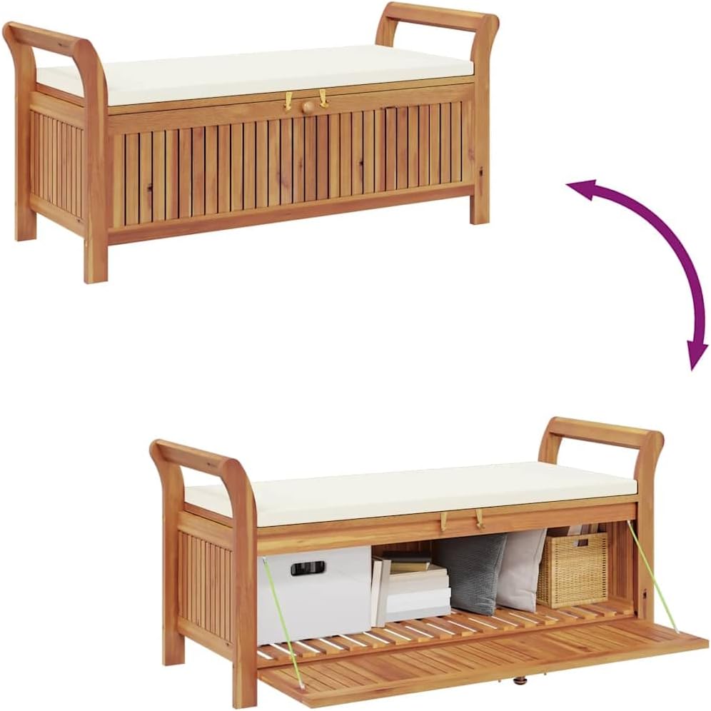 Solid Acacia Wood Garden Storage Bench with Cream White Cushion, 49.6 Inch Outdoor Bench with Storage for 2 People, Patio Seat with Lid and Polyester Cushion