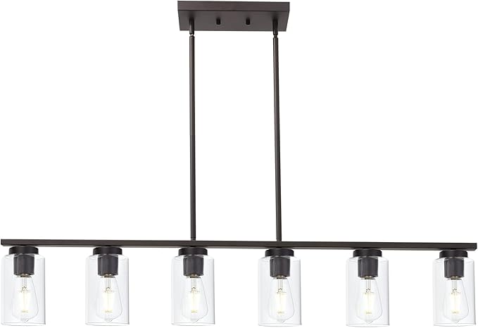 6-Light Kitchen Island Lighting Fixtures, Clear Glass Farmhouse Pendant Lights Hanging Chandelier in Oil Rubbed Bronze for Dining Room Table Cafe Bar