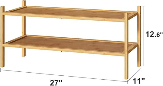 Bamboo Shoe Rack, 2-Tier Shoe Rack for Entryway, Free Standing Shoe Racks for Indoor & Outdoor, Stackable Shoe Organizer for Closet,