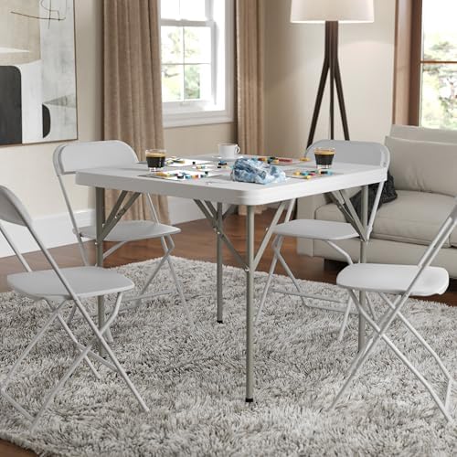 Flash Furniture Elon Square Plastic Folding Table, Portable Dining Card Table for 4 People, Indoor-Outdoor Use, 34.25", Granite White | Lightweight, Easy Storage, Commercial Grade