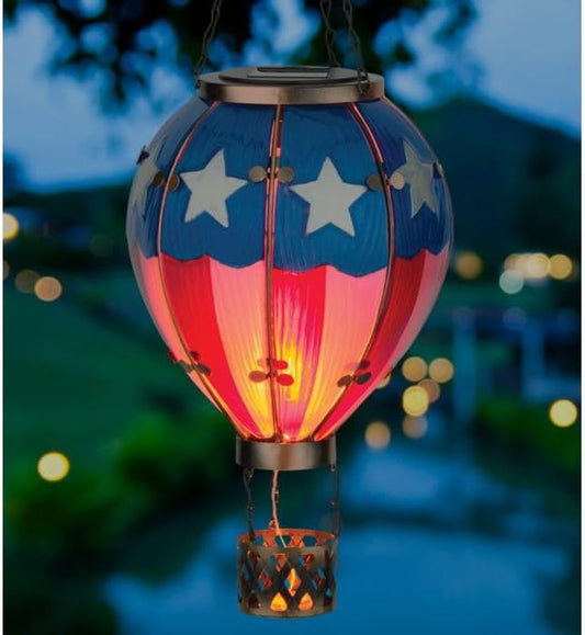 Regal Art & Gift Hot Air Balloon Solar Lantern – Hanging Solar-Powered LED Lights, Waterproof Portable Decorative Outdoor Lamp Made of Metal & Glass for Garden, Patios & Pathway – Americana (Large)