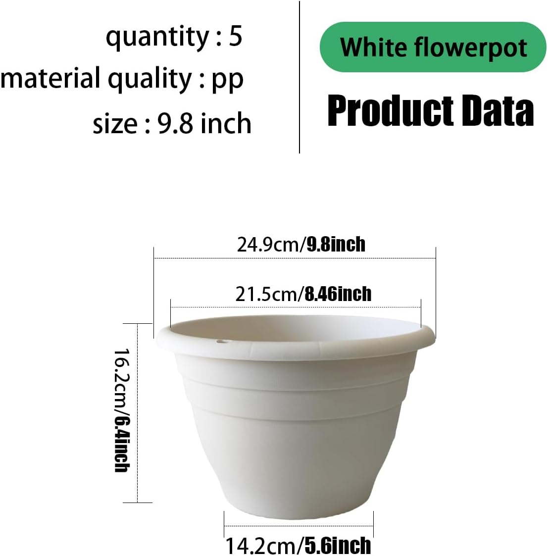 Plant Pots Set of 5, 10" Outside Diameter Flower Pots, 8.5" Inner Diameter Plant Planters with Drainage Hole, Durable Garden Pots Perfect for Indoor & Outdoor Plant Planting, Decor, White
