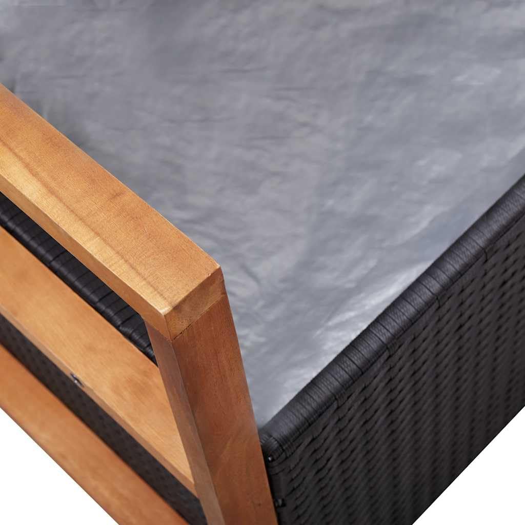 45.3" Storage Bench for Patio Garden, Poly Rattan Outdoor Bench with Large Storage Box and Solid Acacia Wood Accents, 2-Seat Deck Furniture with Comfortable Cushion, Black