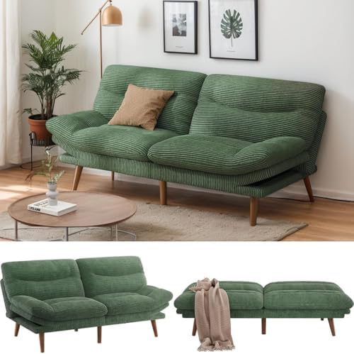 PERLECARE Convertible Futon Sofa Bed, 73" Corduroy Futon Couch with Adjustable Backrest and Armrests, 3-in-1Recliner Sleeper Sofa for Small Spaces, Play Room,Living Room or Office(73in,Green)