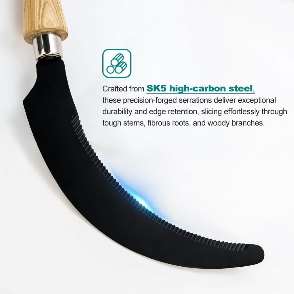 Berry&Bird Grass Sickle with Sawtooth, Heavy Duty SK5 Carbon Steel Blade Sickle Knife Scythe Garden Tool, Brush Clearing Sickle Weeding & Harvesting Tool for Gardeners/Farmers - Ashwood Handle