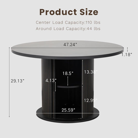 47" Round Dining Table with Hidden 2-Tier Storage Cabinet | Seats 4–6 | Mid-Century Modern Pedestal Base | Space-Saving Kitchen Table for Small Spaces, Black