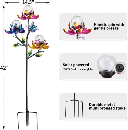 Solar Lights Outdoor Decorative Lotus Flowers Wind Spinner Garden Stake with LED Crackle Balls Solar Wind Sculpture Yard Art Decor for Patio, Lawn & Garden