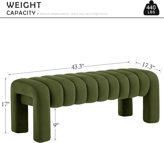 43.3” Dining Room Bench, Olive Green Tufted Upholstered End of Bed Bench, Modern Entryway Ottoman Window Seat with Solid Wood Legs and Padded Seat for Bedroom, Hallway and Living Room (Velvet)