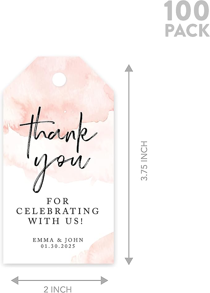 Andaz Press 100-Pack Personalized Thank You for Celebrating with Us Wedding Favor Tags with Bakers Twine Coral Brushed Watercolor Custom Cardstock Wedding Gift Tags for Party Favors 2 x 3.75-Inches