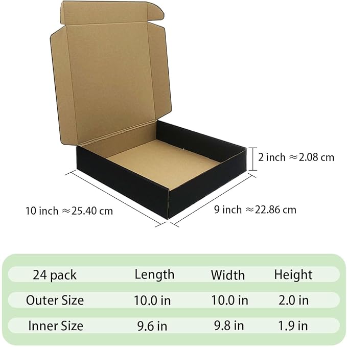 24 Pack 10 x 10x 2 Inches Shipping Boxes,Black 3 Layers Corrugated Cardboard Box, Mailer Boxes for Packaging Small Business Mailing Gifts Digest Giving Products Wrap Boxes (10''x10''x2'')