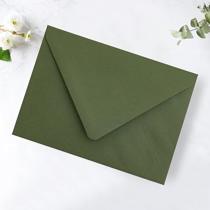 PONATIA 50PCS A7 Euro Flap Envelope, 5.25 x 7.25'' Olive Green Flowers Liner Envelopes for Wedding Invitations, Photos, Postcards, Greeting Cards, Christmas Gift, Acrylic Mailing, 5 x 7 Envelopes