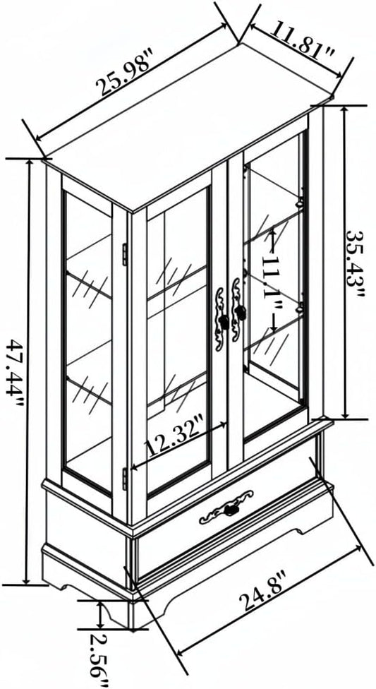 47" LED Glass Accent Curio Cabinet, 3-Tier Antique Storage Cage with Adjustable Shelves & Drawer, Acrylic Mirrored Pane, 7 Color Led Light, Small China Cabinet for Living Room/Kitchen (Oak - LED)