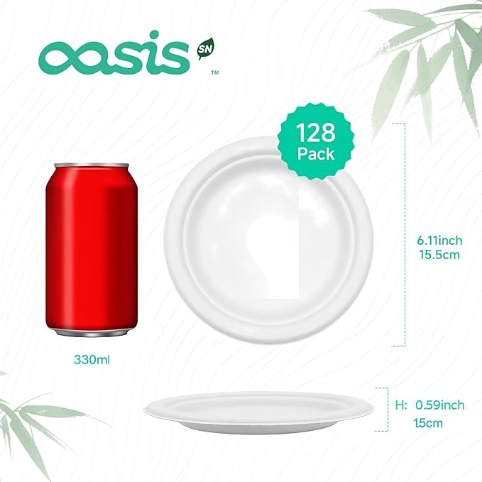 ๐ ๐๐ง๐๐ก, ๐๐๐-๐๐๐๐ค Compostable Paper Plates, Heavy-Duty Biodegradable Disposable Dish Made from Bagasse, Perfeck for Snacks, Desserts, Party, Wedding and More (White)