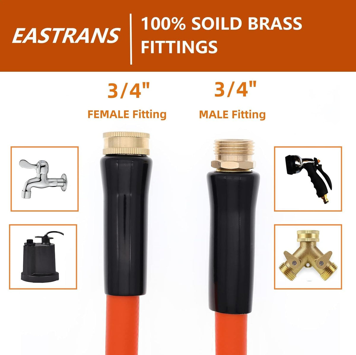 EASTRANS Short Garden Hose 15 ft x 5/8", Heavy Duty Orange Water Hose with 3/4" Solid Brass Connector, Flexible, Lightweight, Durable