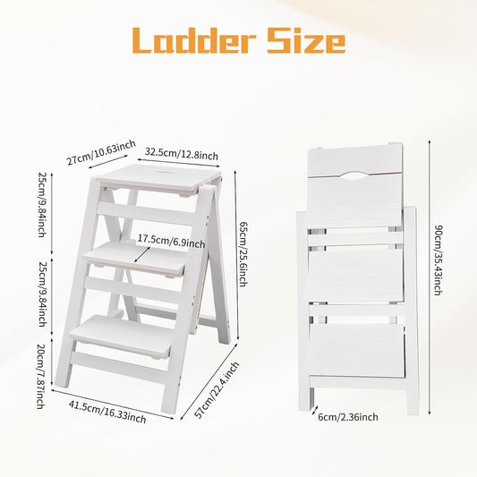 3-Step Ladder Chair Folding Step Stool Chair 22.44" L x 16.33" W x 25.6" H 220 LBS Load Capacity White Pinewood Counter Chairs for Kitchen Bedroom Living Room Warehouse, Space Saving