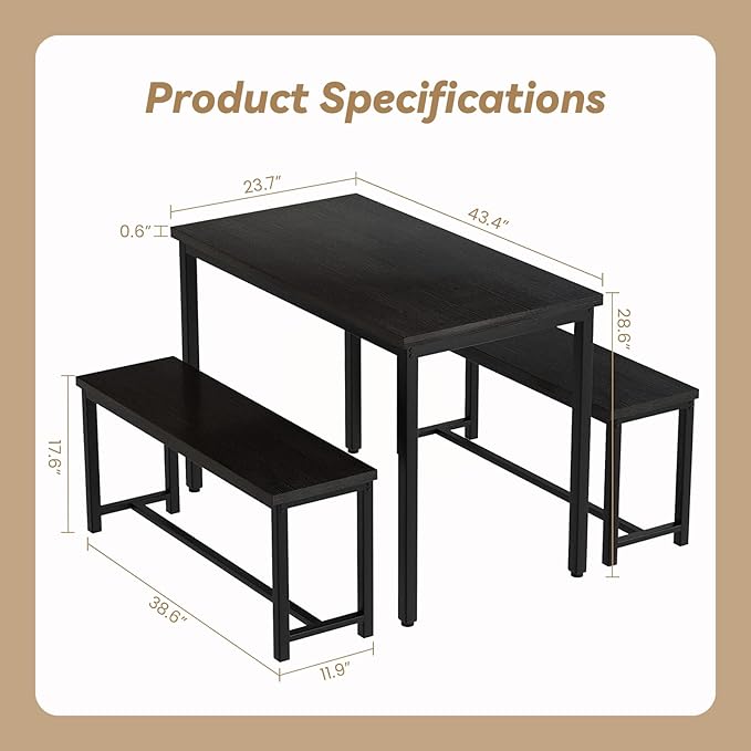 Recaceik Dining Table Set for 4 Kitchen Dining Room Set with 2 Dinner Benches, Farmhouse Breakfast Table for Apartment Small Space, Easy Assembly