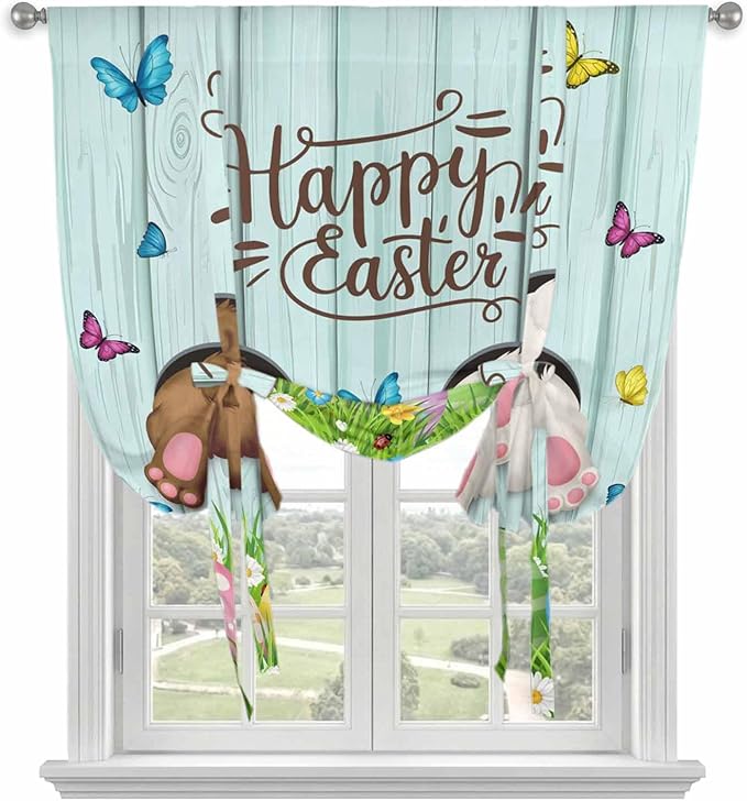 Tie Up Curtains,Happy Easter Bunny Butt Egg Floral Adjustable Rod Pocket Window Shade Curtain Drape Spring Plant on Aqua Wood Tie-Up Valance for Kitchen Bedroom Living Room Windows,34"x45"