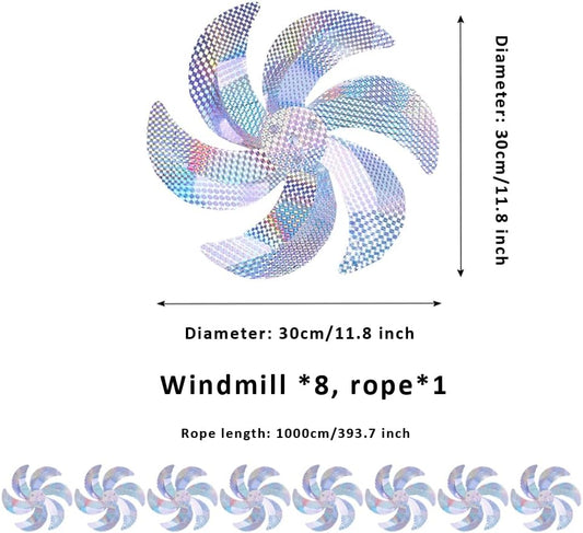 10 Meters of 8 Pieces Reflective Pinwheels Strings, Sparkly Hanging Scare Bird Deterrent Windmills, Outside Bird Repellent Wind Spinners Deterrent Birds Away from Yard Garden Patio Farm