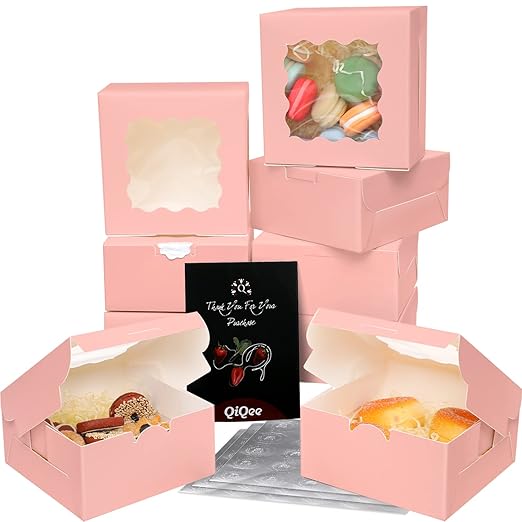 Bakepacker Pink Bakery Boxes with Window 6x6x3 inches Thick & Sturdy Macaroon Pastry Boxes Cookie Boxes for Bakerys(60-Packs)