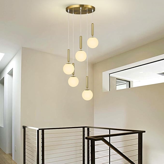Modern Gold Pendant Light Hanging Fixture Light for Kitchen Island Mid Century with Globe Pendant Light Milk White Glass Pendant Lighting for Living Room Bedroom Entryway (5 Lights)