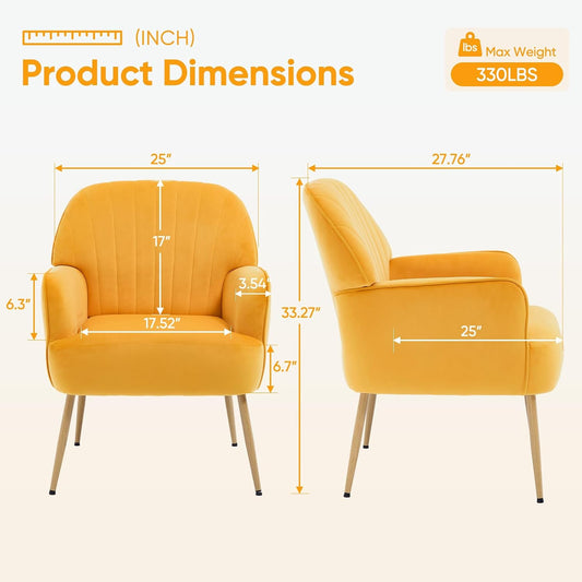 Velvet Accent Chair, Mid Century Modern Accent Chairs for Living Room, Comfy Upholstered Armchair with Metal Legs for Bedroom/Apartment/Office/Waiting Room, Golden Yellow