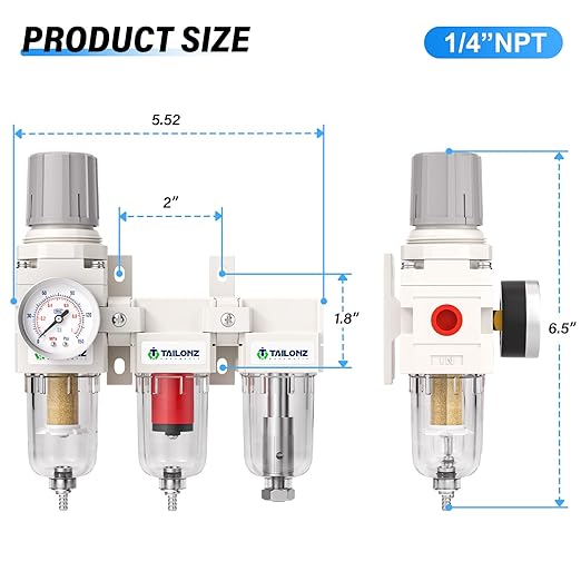 TAILONZ PNEUMATIC 0-150PSI 1/4 Inch NPT Grade 3 Stage Air Drying System, Particulate Filter, 5/0.01 Micron Filter Air Filter Pressure Regulator (Manual Drainage)