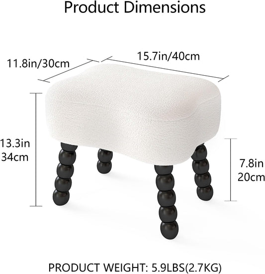 White Ottoman, Small Footrest with Storage Space, Unique Shaped Ottoman with Wood Legs,Faux Teddy Fur(Bone-White)
