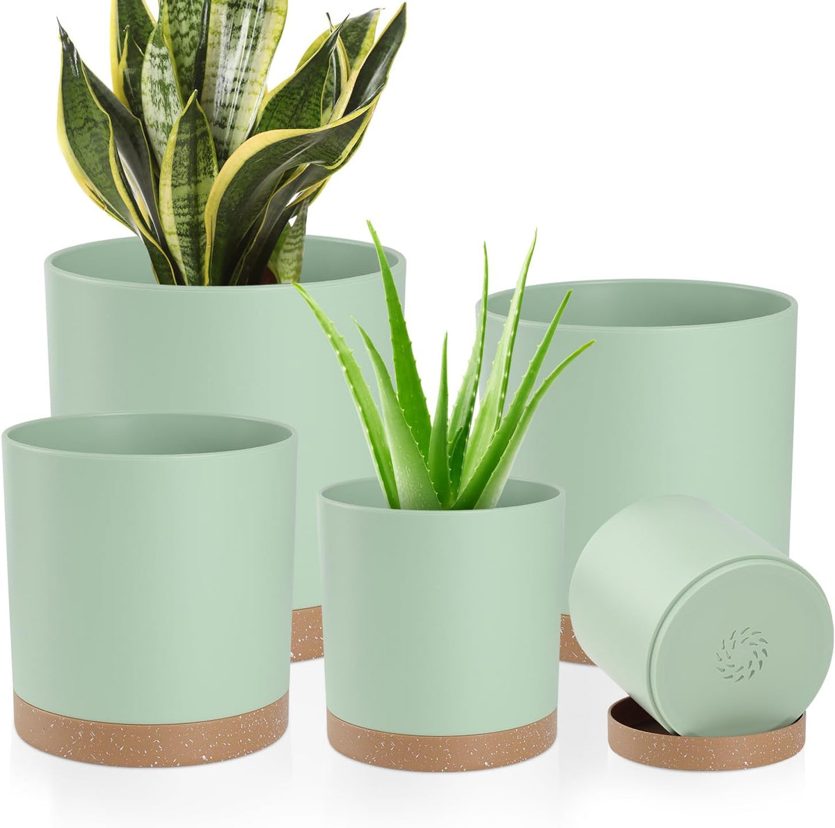 Plant Pots with Drainage Holes and Saucers – 7, 6.5, 6, 5, 4 Inch Plastic Planters for Indoor Outdoor Plants, Modern Matte Finish, Lightweight & Durable(Green)
