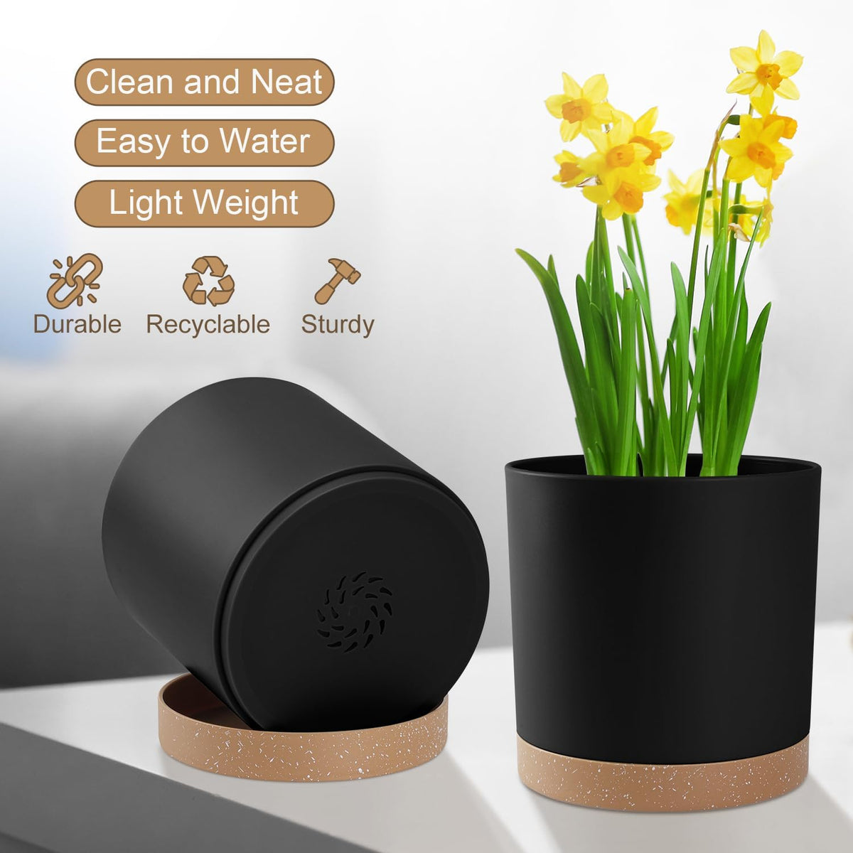 Plant Pots with Drainage Holes and Saucers – 7, 6.5, 6, 5, 4 Inch Plastic Planters for Indoor Outdoor Plants, Modern Matte Finish, Lightweight & Durable(Black)